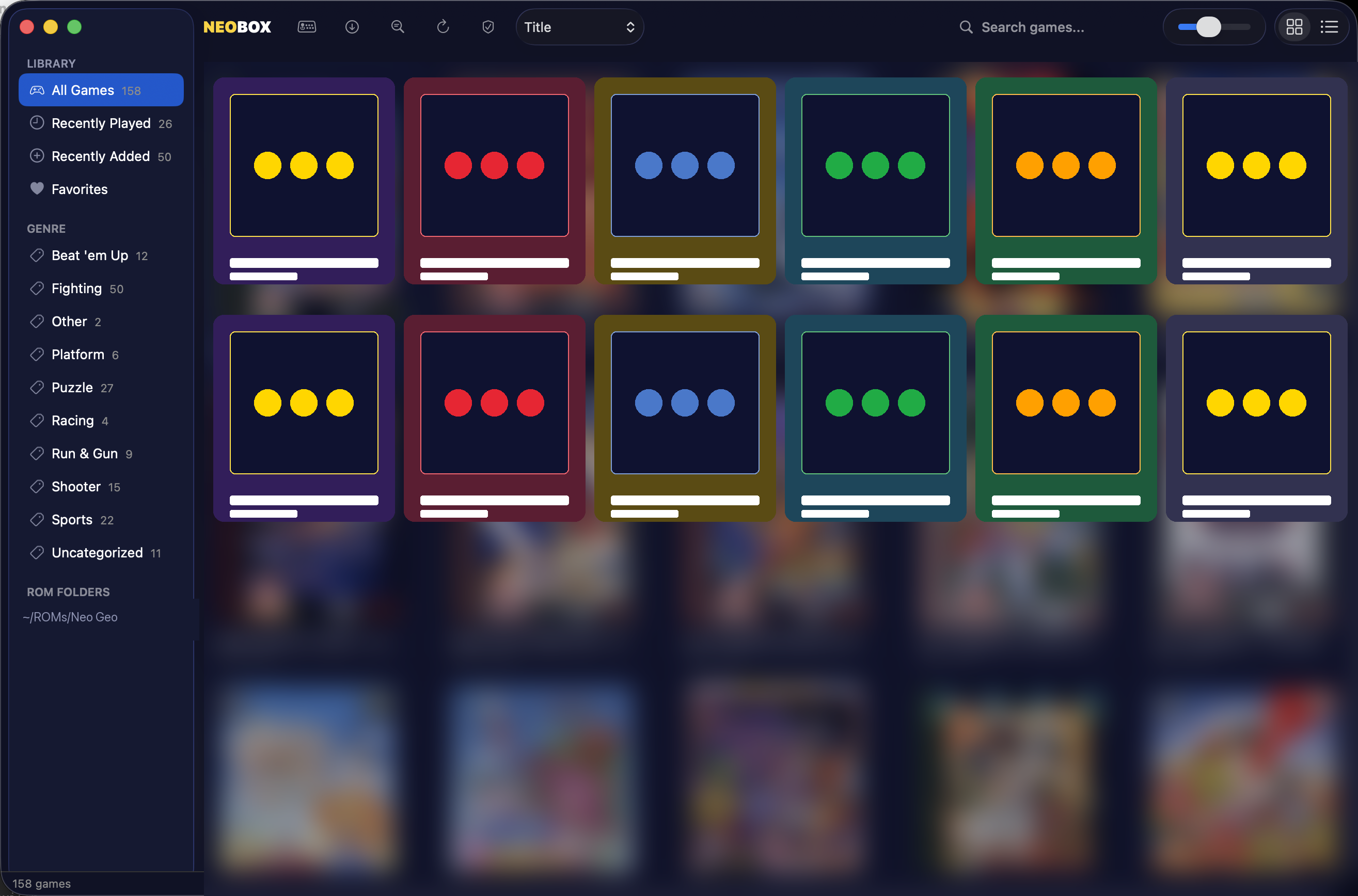NeoBox library window — sidebar with genre filters and a grid of game tiles