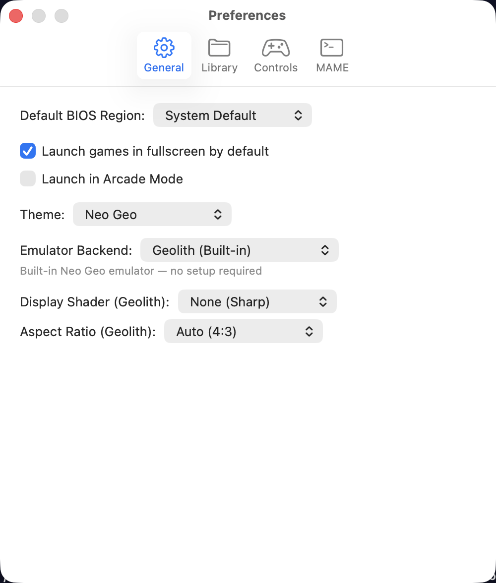 Preferences General tab — BIOS region, fullscreen, theme, emulator backend, display shader, aspect ratio