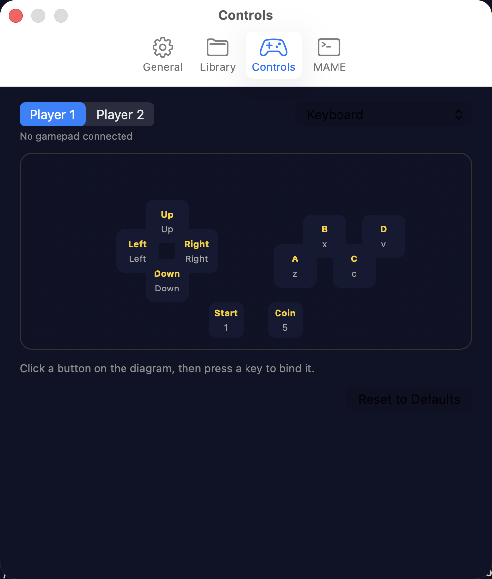 Preferences Controls tab — diamond layout with A/B/C/D buttons and direction pad bindings