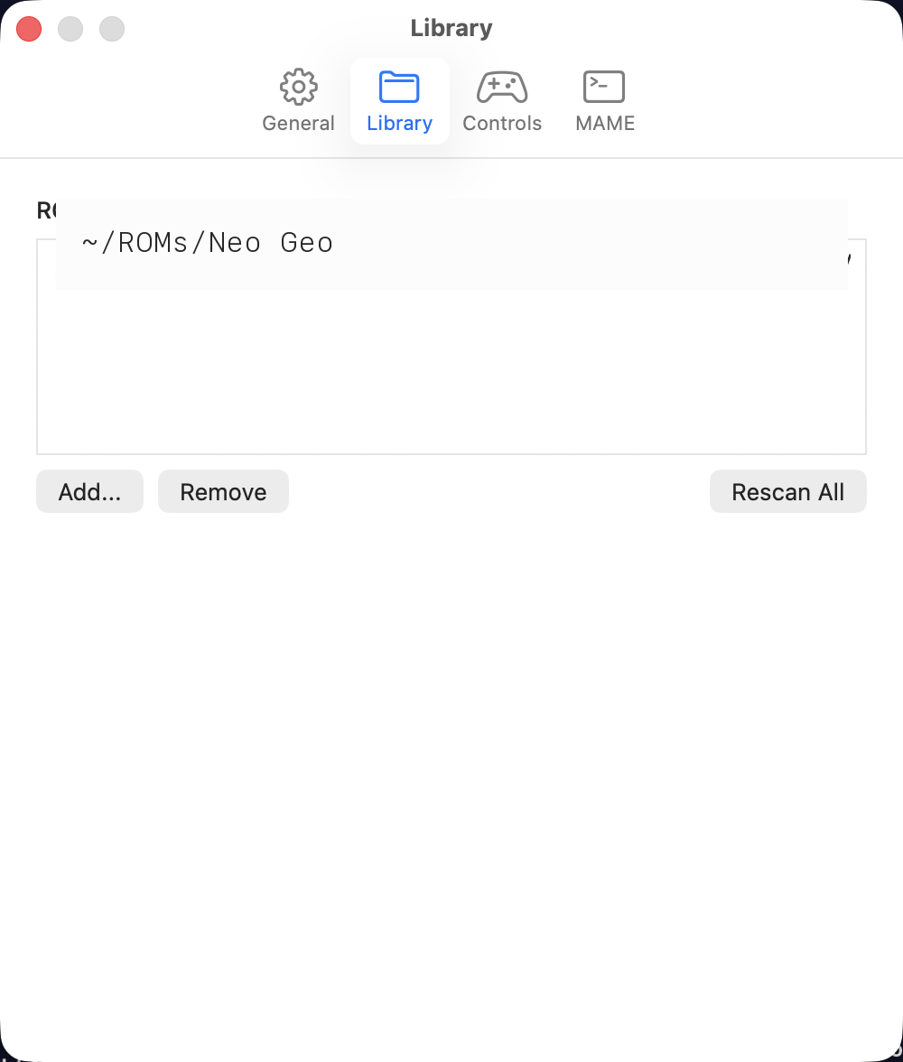 Preferences Library tab — ROM Folders list with Add, Remove, Rescan All buttons